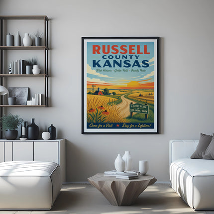 Russell County Kansas poster with a sunset over golden fields.