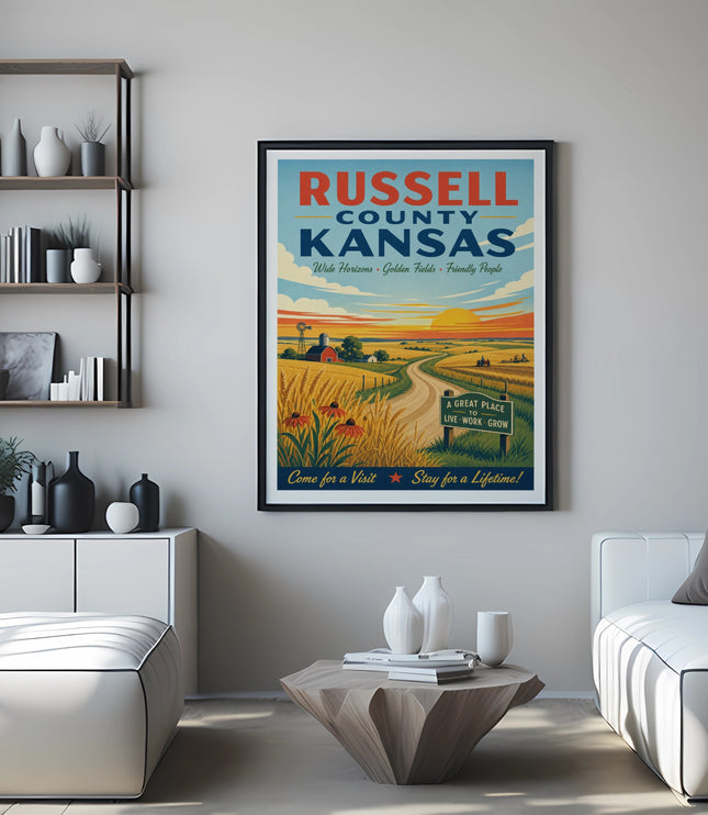 Russell County Kansas poster with a sunset over golden fields.