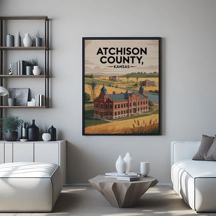 Vintage poster of Atchison, Kansas, featuring brick buildings and a windmill.