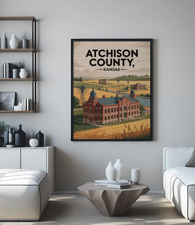 Vintage poster of Atchison, Kansas, featuring brick buildings and a windmill.