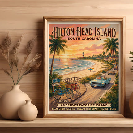 Hilton Head Island, South Carolina poster featuring beach, lighthouse, and vintage cars.