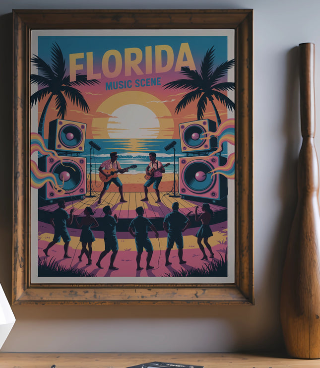 Florida Music Scene poster featuring a band playing on a beach stage with palm trees and sun.