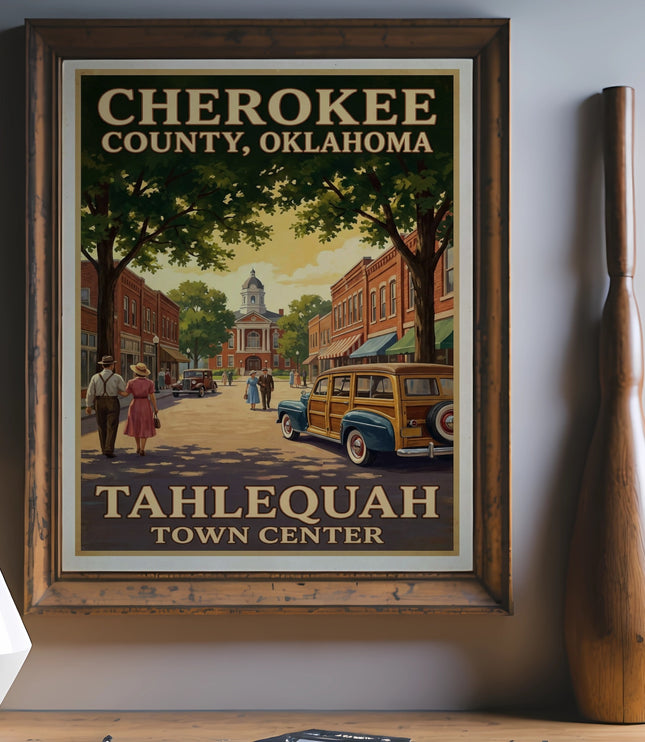 Cherokee County, Oklahoma Tahlequah Town Center vintage travel poster art