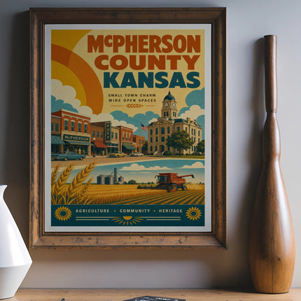 McPherson County, Kansas vintage travel poster with town, farm, and text.