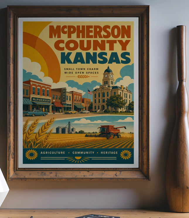 McPherson County, Kansas vintage travel poster with town, farm, and text.