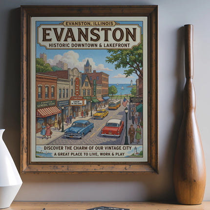 Evanston, Illinois vintage travel poster with historic downtown and lakefront scene.