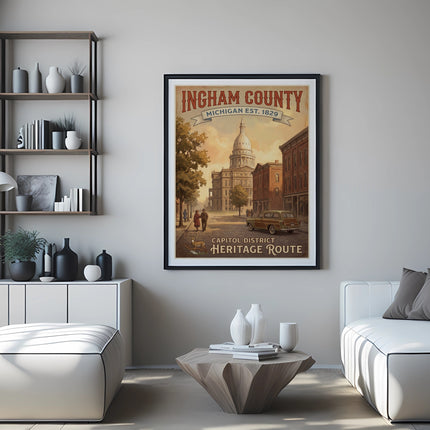 Ingham County Michigan Est. 1829 Heritage Route vintage travel poster.