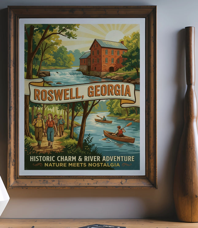 Framed poster of Roswell, Georgia, with mill, river, kayakers, and hikers.