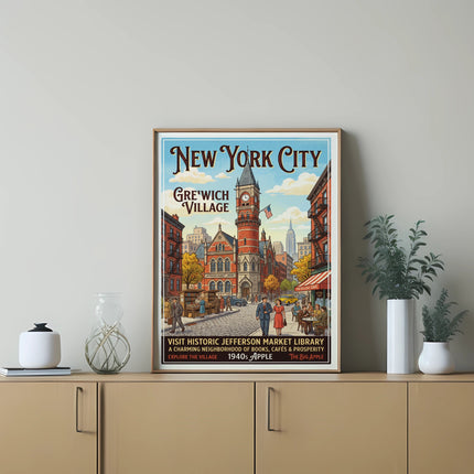 New York City Greenwich Village poster with Jefferson Market Library and cafe.