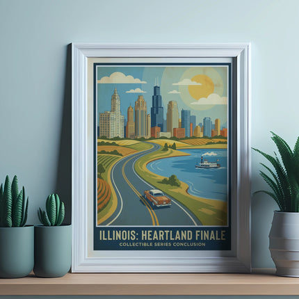 Vintage travel poster for Illinois featuring Chicago skyline and text.