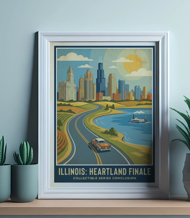 Vintage travel poster for Illinois featuring Chicago skyline and text.