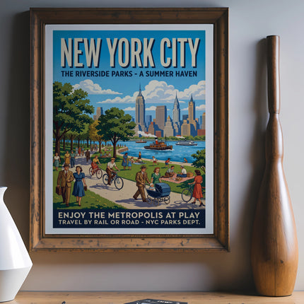 New York City poster with "The Riverside Parks" and "A Summer Haven" text.