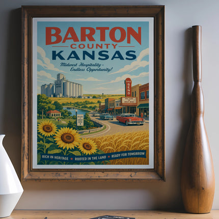 Barton County, Kansas vintage travel poster with sunflowers and a cityscape.