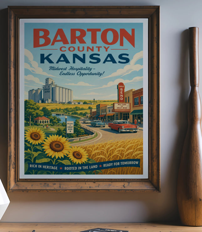 Barton County, Kansas vintage travel poster with sunflowers and a cityscape.