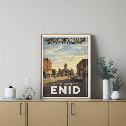 Garfield County, Oklahoma poster with downtown Enid scene and vintage truck.