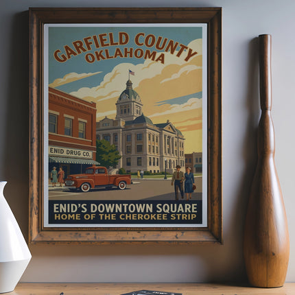 Garfield County Oklahoma poster of Enid's downtown square with a courthouse and vintage truck.