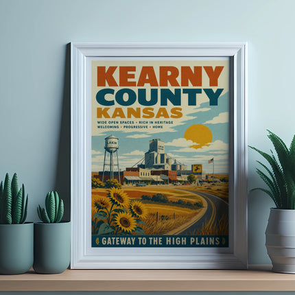 Kearny County Kansas poster with water tower, sunflowers, and "Gateway to the High Plains."