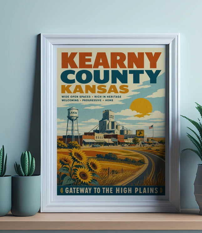 Kearny County Kansas poster with water tower, sunflowers, and "Gateway to the High Plains."