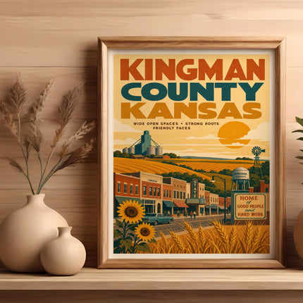 Kingman County Kansas vintage travel poster with sun, fields, and buildings.