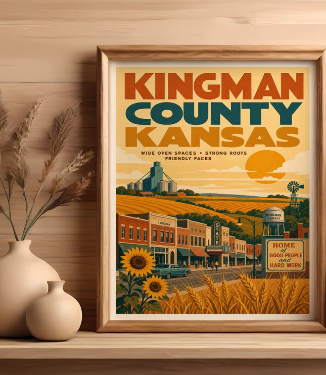 Kingman County Kansas vintage travel poster with sun, fields, and buildings.