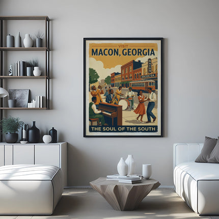 Vintage poster promoting Visit Macon, Georgia with people dancing.