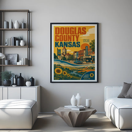 Douglas County Kansas vintage travel poster with sunflowers and a town scene.