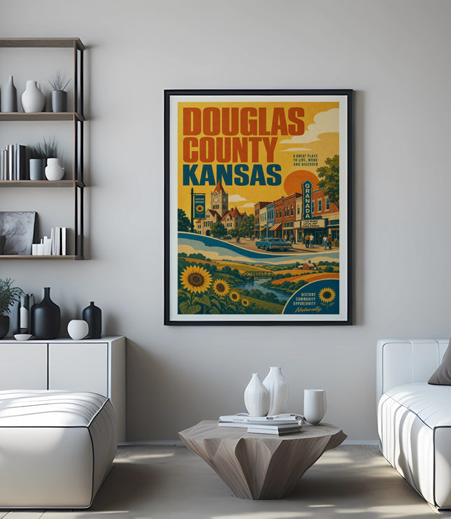 Douglas County Kansas vintage travel poster with sunflowers and a town scene.