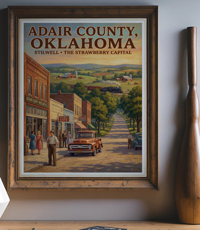 Adair County, Oklahoma vintage poster featuring Stilwell and strawberry capital.