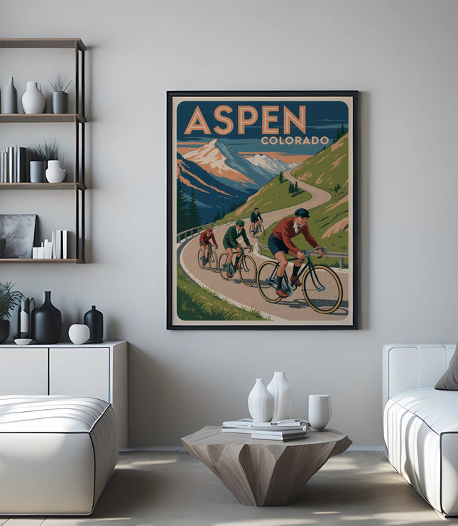 Poster of cyclists in Aspen, Colorado, with mountains and trees.