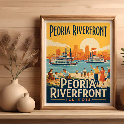 Peoria Riverfront Illinois poster featuring steamboats and people.