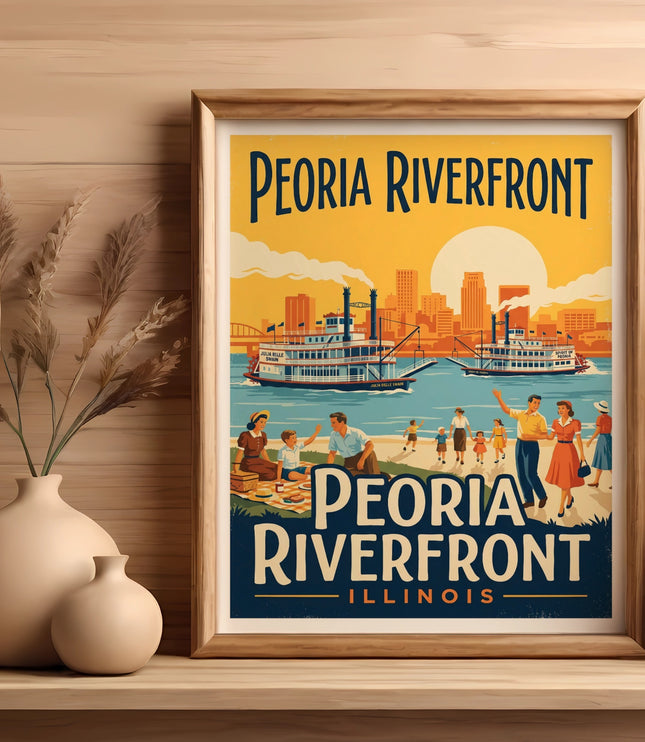 Peoria Riverfront Illinois poster featuring steamboats and people.