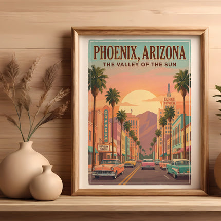 Vintage style travel poster of downtown Phoenix, Arizona with palm trees and buildings.