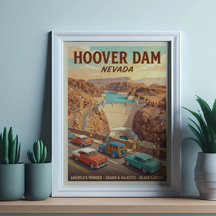 Hoover Dam Nevada poster with vintage cars and desert landscape.