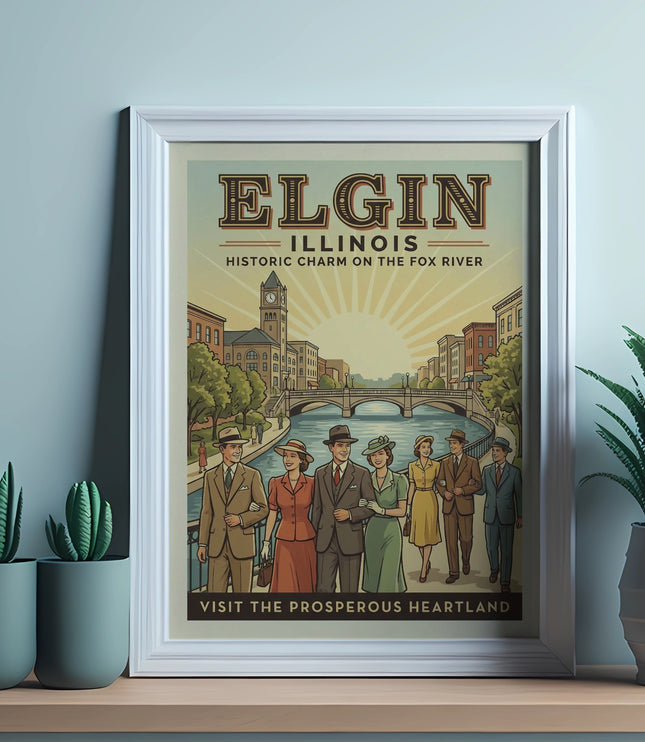 Vintage poster of Elgin, Illinois historic charm on the Fox River.