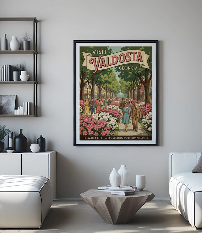 Vintage "Visit Valdosta Georgia" poster with people and flowers in a street scene.