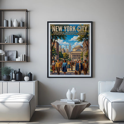 New York City Columbia University campus poster with students walking.