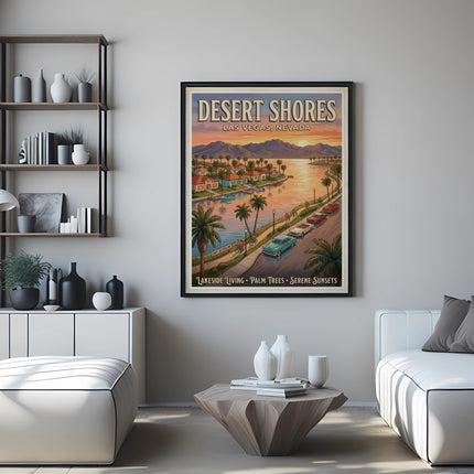 Desert Shores Las Vegas Nevada poster with lakeside scenes, palm trees, and vintage cars.