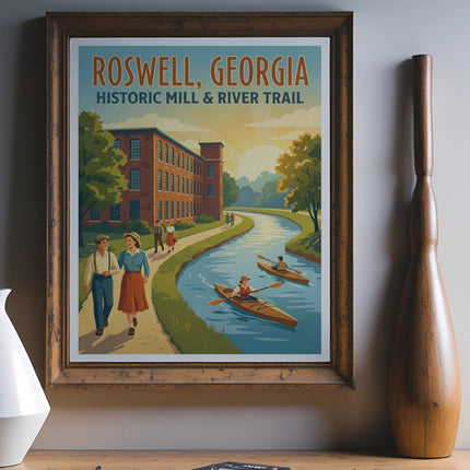 Vintage poster for Roswell, Georgia, featuring the historic mill and river trail.
