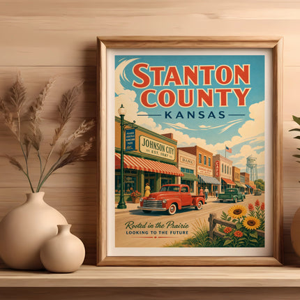 Vintage Stanton County, Kansas poster with a red truck and town buildings.