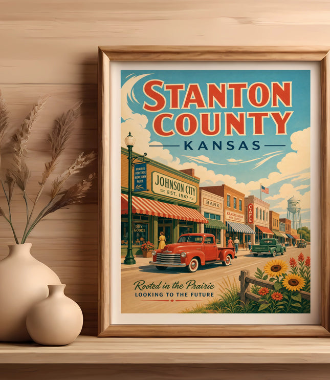 Vintage Stanton County, Kansas poster with a red truck and town buildings.