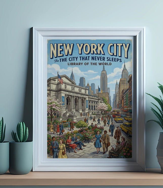 New York City poster shows library, skyscrapers, people, and yellow taxis.