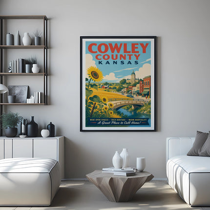 Cowley County, Kansas vintage travel poster with sunflower and bridge.