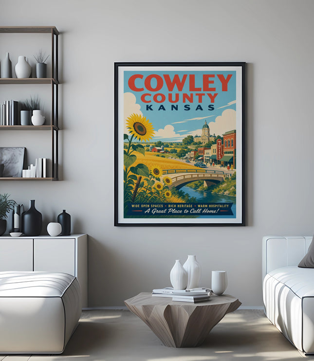 Cowley County, Kansas vintage travel poster with sunflower and bridge.