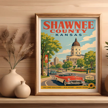 Vintage travel poster of Shawnee County, Kansas, featuring Topeka and a classic car.