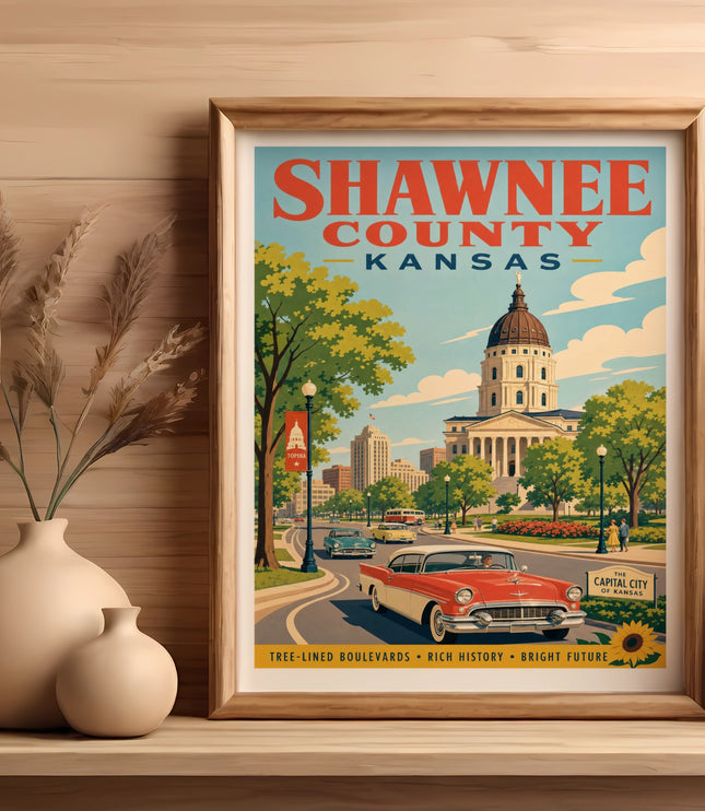 Vintage travel poster of Shawnee County, Kansas, featuring Topeka and a classic car.