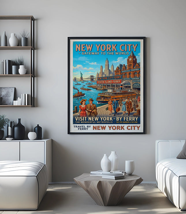 New York City gateway to the world travel by ferry vintage poster.