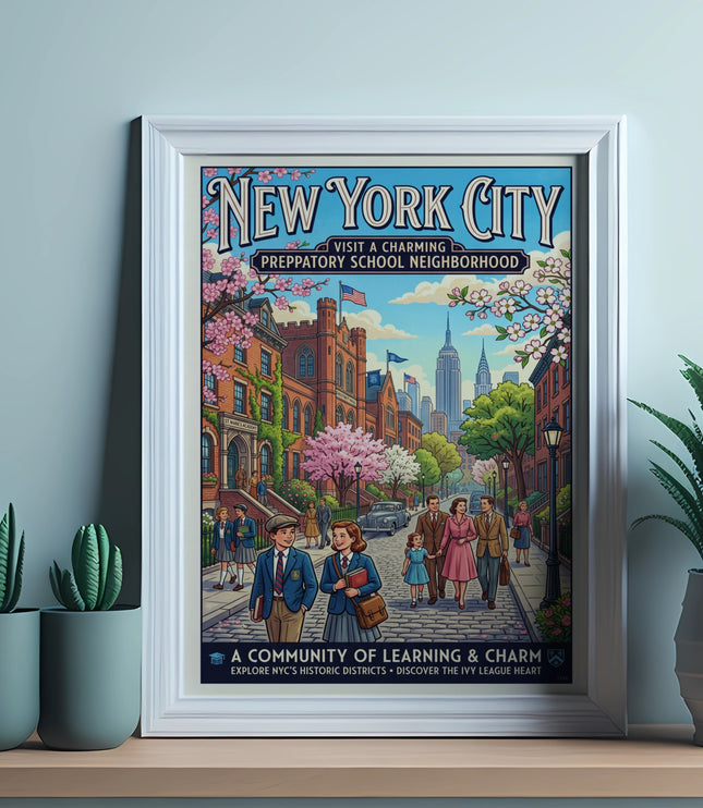 New York City vibrantly illustrated poster of a preppy school neighborhood with people walking.