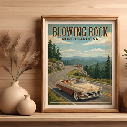 Vintage poster: "Blowing Rock, North Carolina" with convertible car on scenic mountain road.