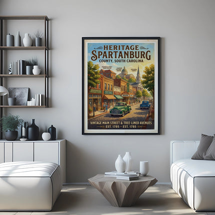 Heritage Spartanburg County, South Carolina vintage main street scene poster.