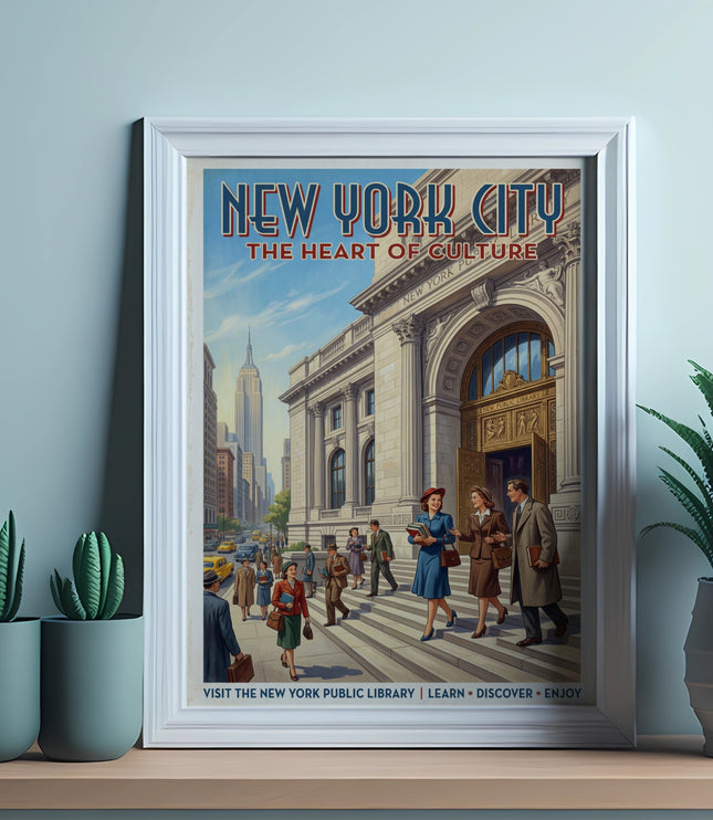 New York City The Heart of Culture vintage travel poster with Empire State Building.